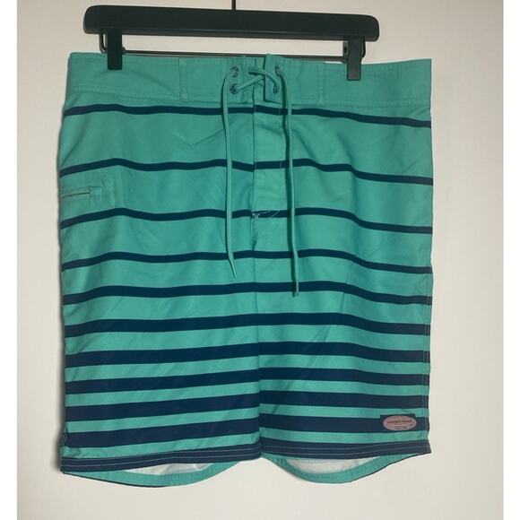 Vineyard Vines Men's Teal Blue Striped Board Shorts Swim Trunks Size 32 - Picture 1 of 3